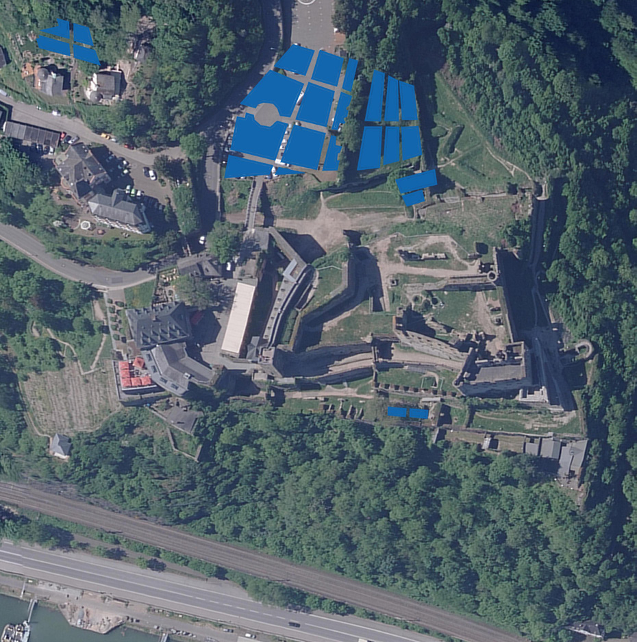Aktuelles Luftbild der Burg Rheinfels mit Darstellung der Gartenanlagen nach dem Wetzel-Plan.